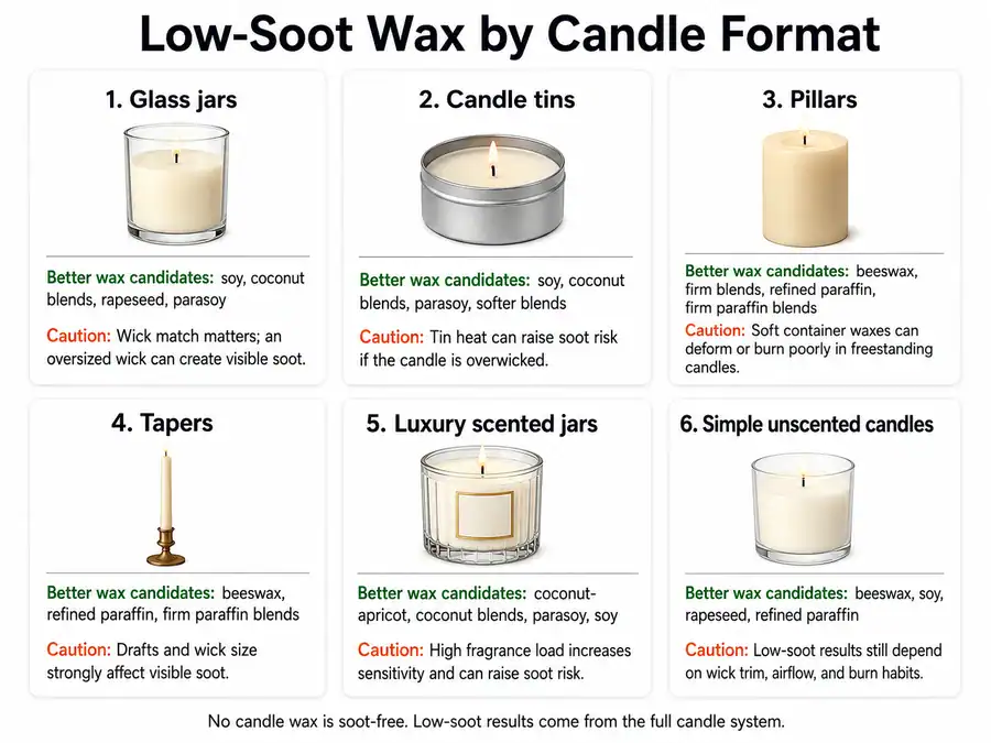 candle format and low-soot wax candidates