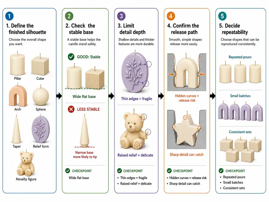 candle mold shape sequence and release checks
