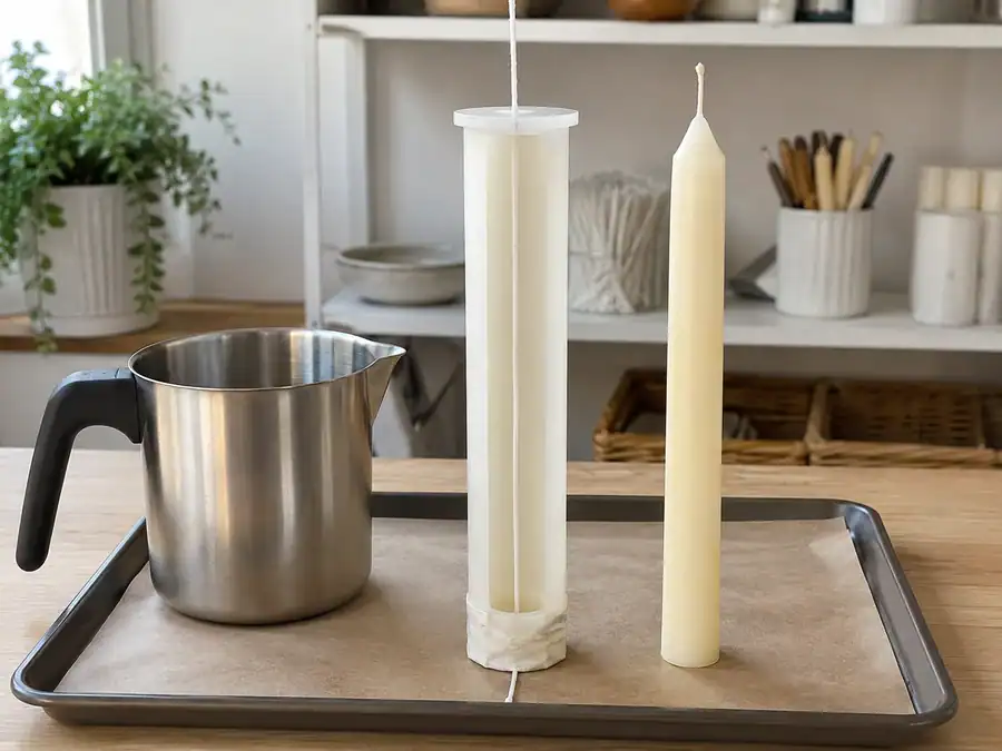 Molded taper candle process and wick centering