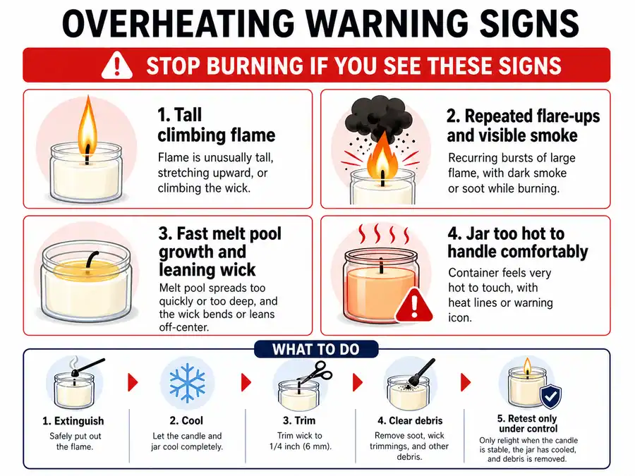 overheating warning signs and unsafe candle flame
