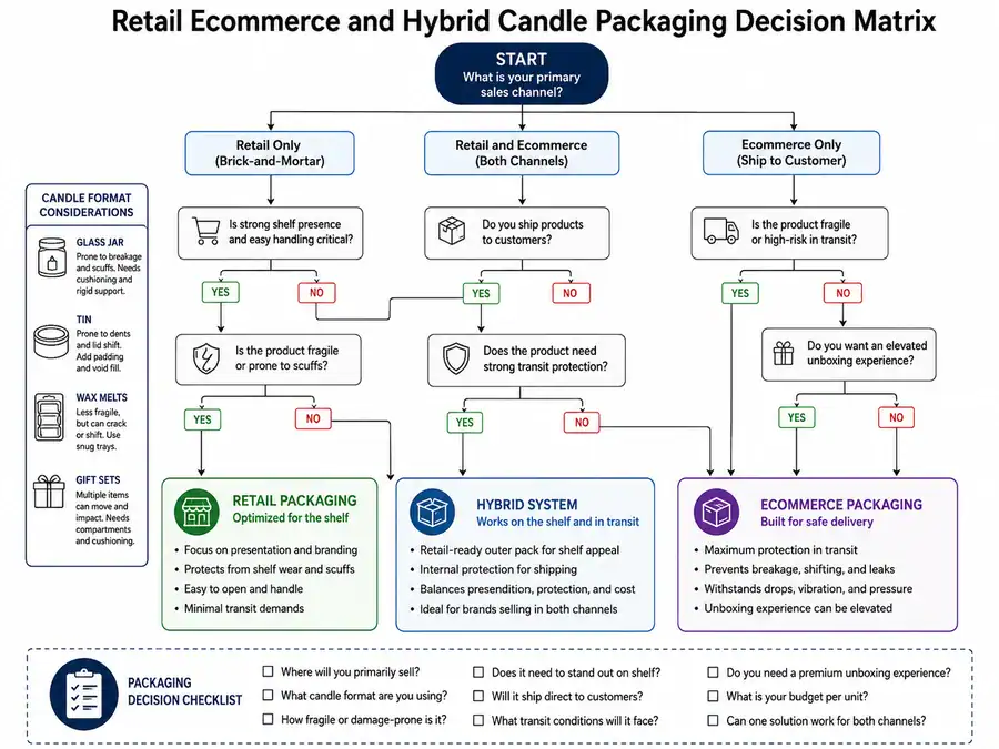 retail ecommerce and hybrid candle packaging decision matrix