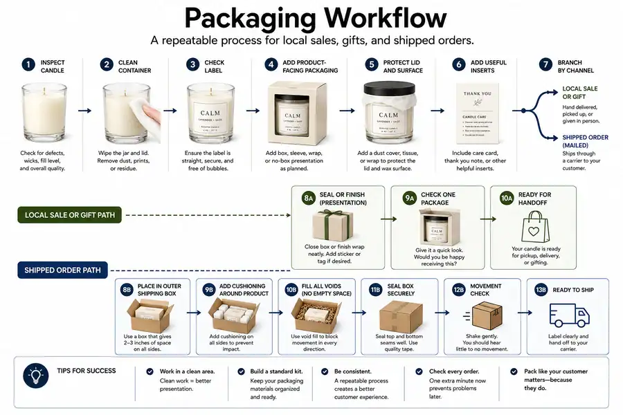 candle packaging workflow for local and shipped orders