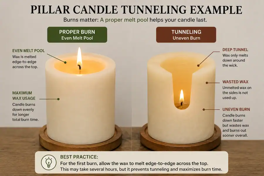 Pillar candle showing proper melt pool versus tunneling wax behavior