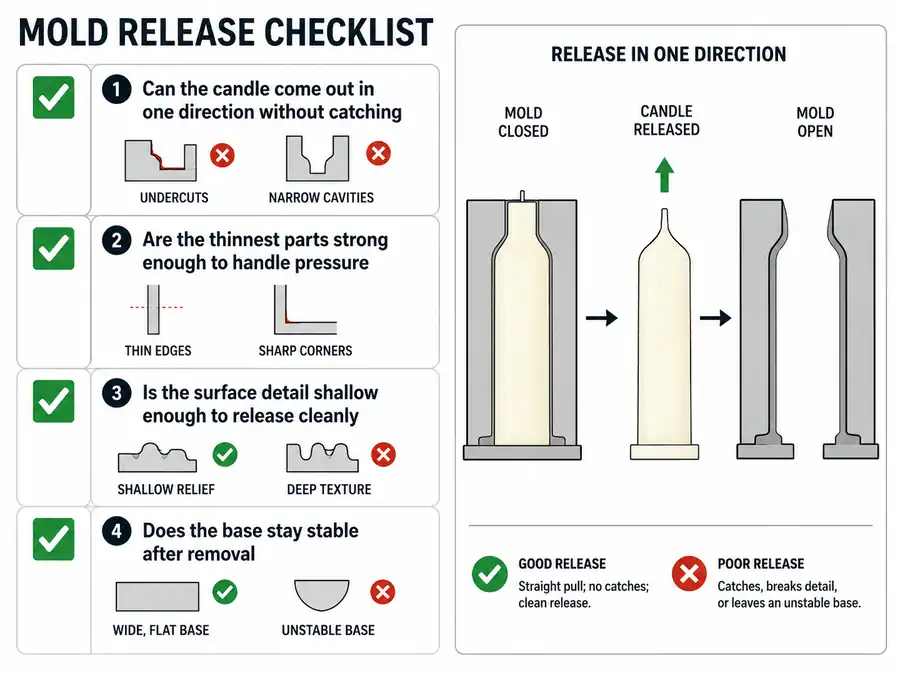 candle mold release checks and fragile detail risks