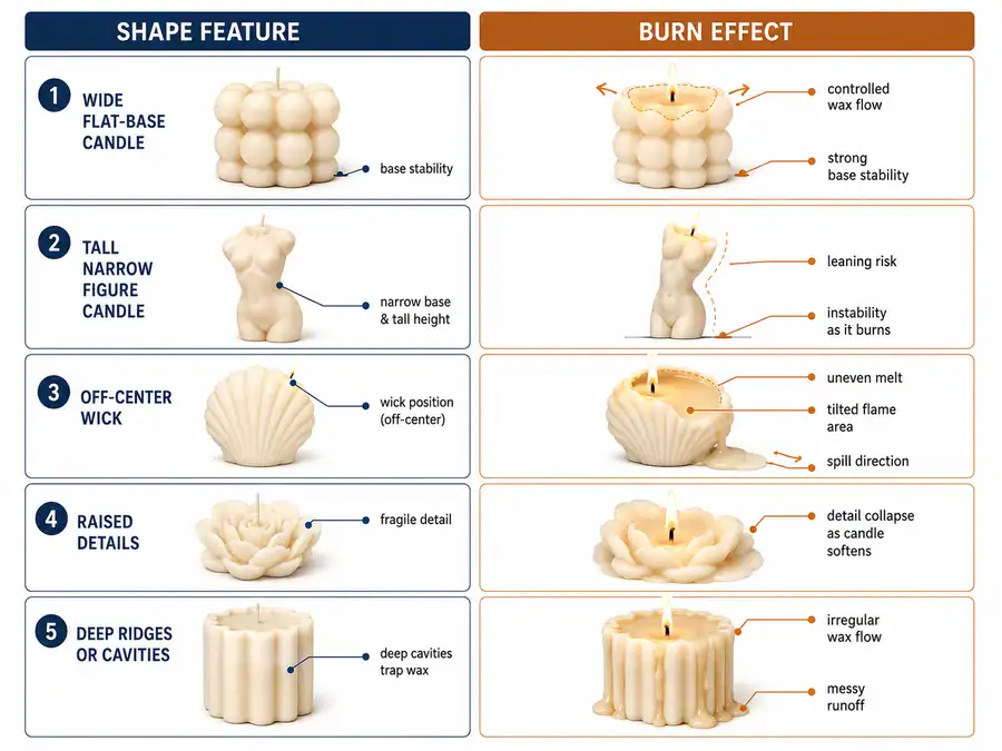 sculptural candle shape and burn behavior