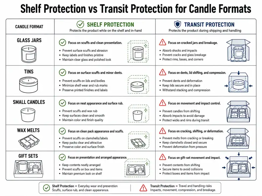 shelf wear and transit protection for candle formats