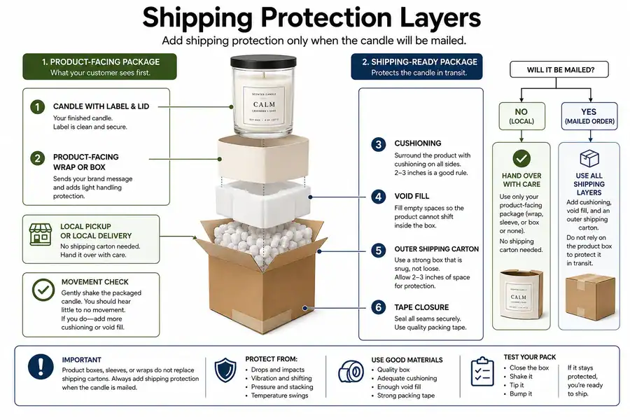 candle product package and shipping protection layers