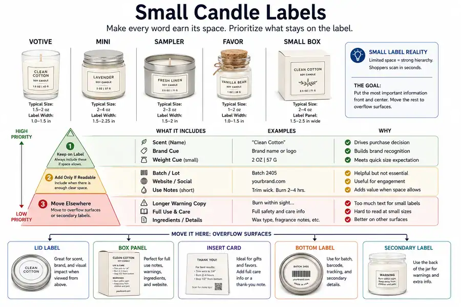 small candle labels and overflow surfaces