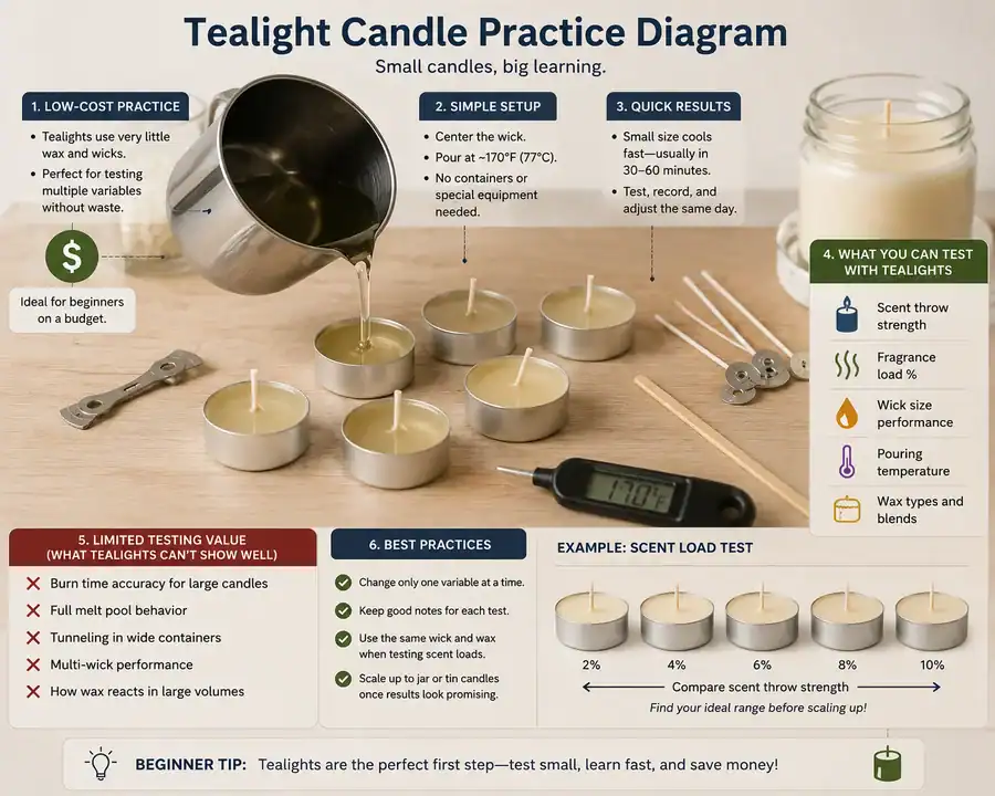Beginner tealight candle practice setup showing low wax use and simple pouring tests