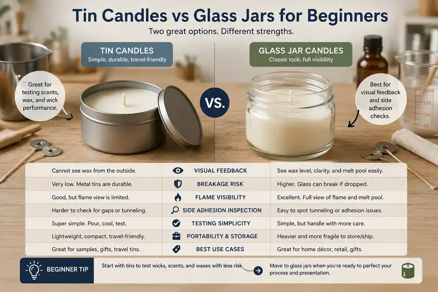 Side by side comparison of tin candles and glass jar candles for beginner candle making