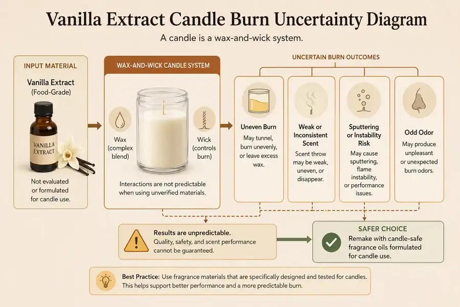 Wax and wick system showing uncertain burn behavior from vanilla extract