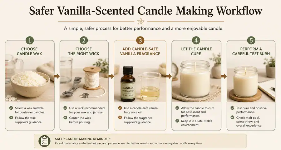 Safe vanilla candle workflow using wax wick fragrance cure and test burn