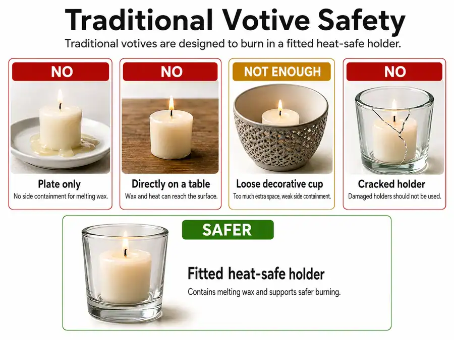votive candle without holder and safer setup