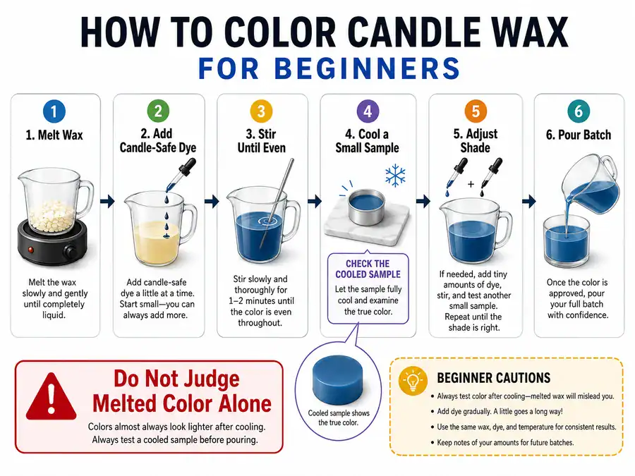 candle wax coloring workflow and cooled test