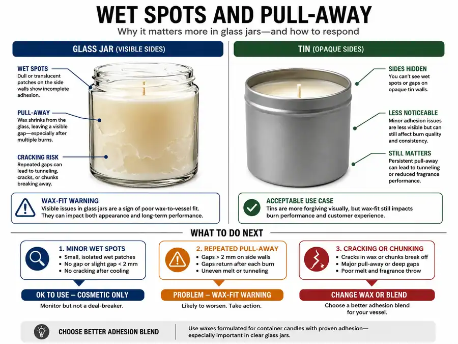 Wax wet spots and pull-away in glass jars and tins