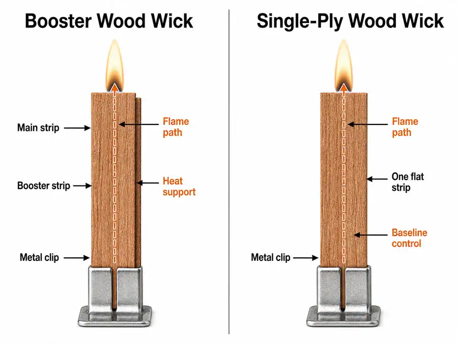 Booster and single-ply wood wick construction