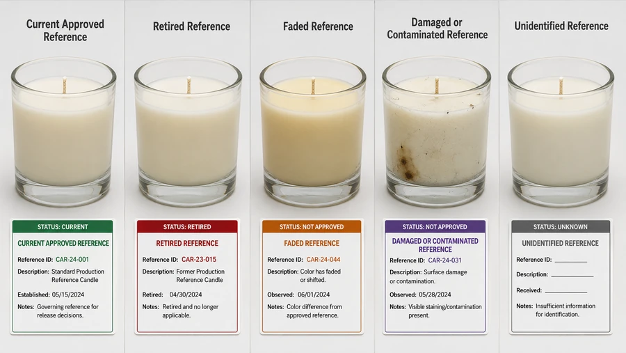 approved candle reference and retired faded damaged sample comparison