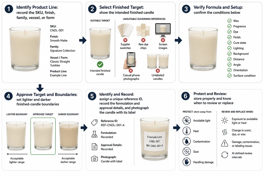 Approved candle target, boundary samples, reference label, and storage checks