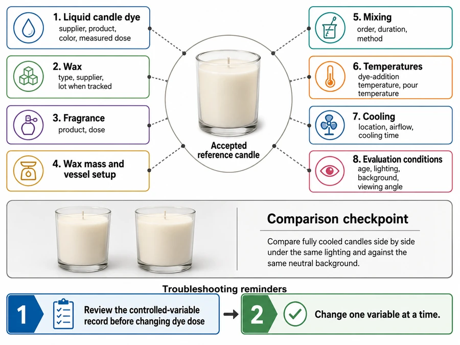 Candle batch color controls and cooled reference comparison