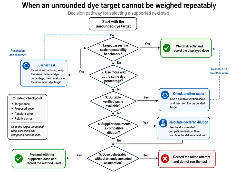 Below-resolution dye dose path and rounding checks
