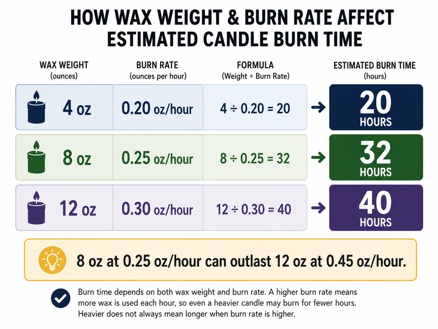 Candle burn time estimates by wax weight and burn rate