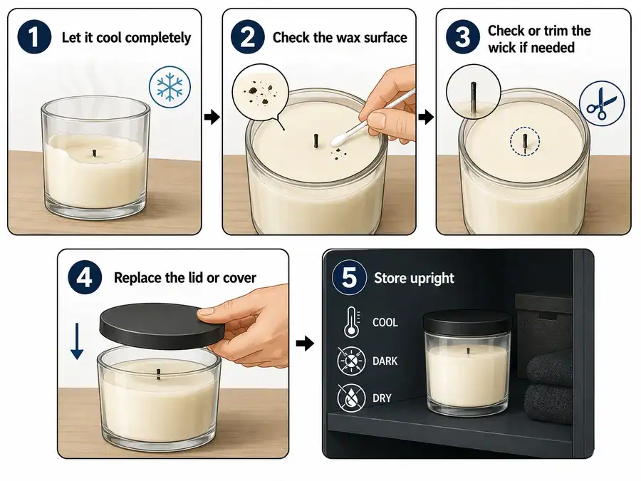 burned candle cooling and covered storage