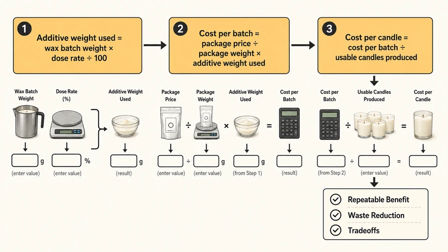 Candle additive cost formula from wax batch and dose to cost per candle