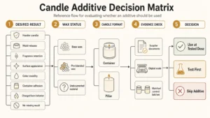 Candle additive decision matrix by goal, wax, and candle format