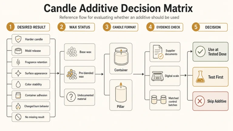 Candle additive decision matrix by goal, wax, and candle format