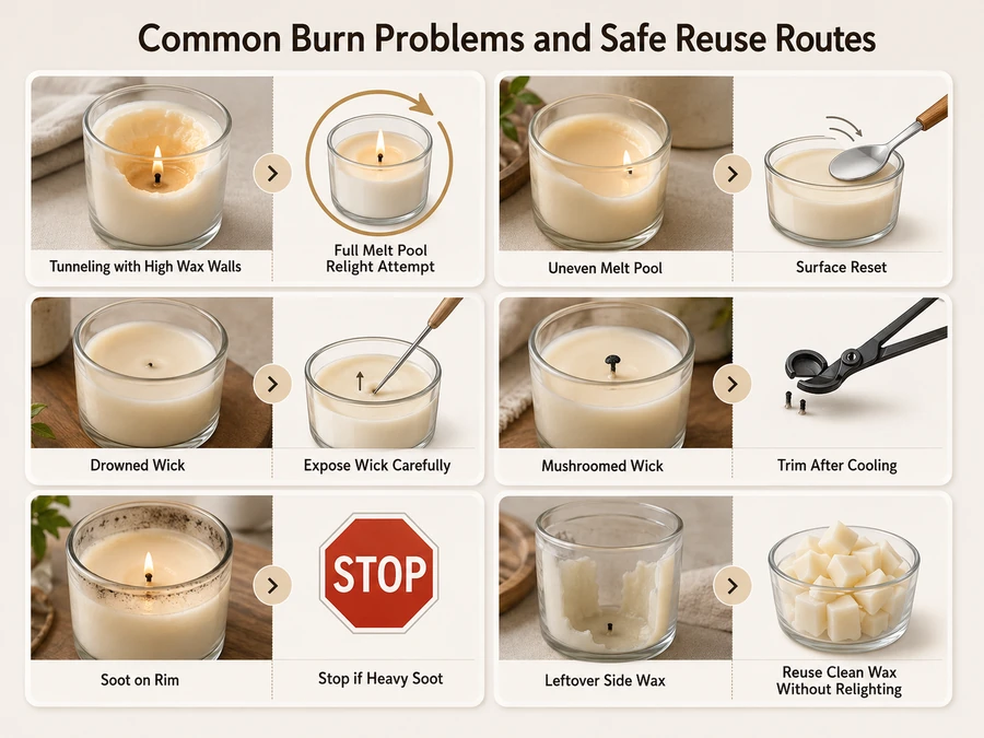 Candle burn problems and reuse routes