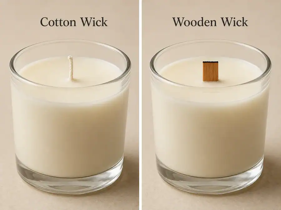 Candle burning cotton and wooden wick trimming.