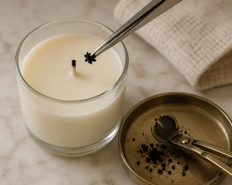 Candle burning debris removal after wick trimming.