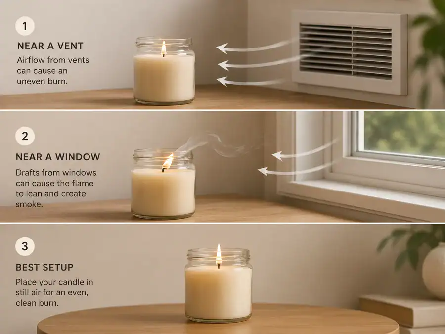Candle burning draft control for stable flame behavior.