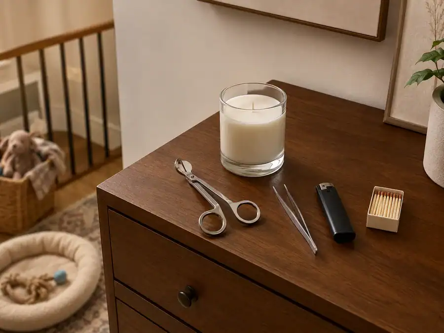 Candle burning kid and pet safety for wick maintenance.