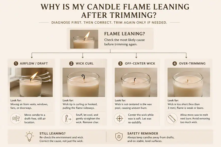 Candle burning leaning flame diagnosis after trimming.