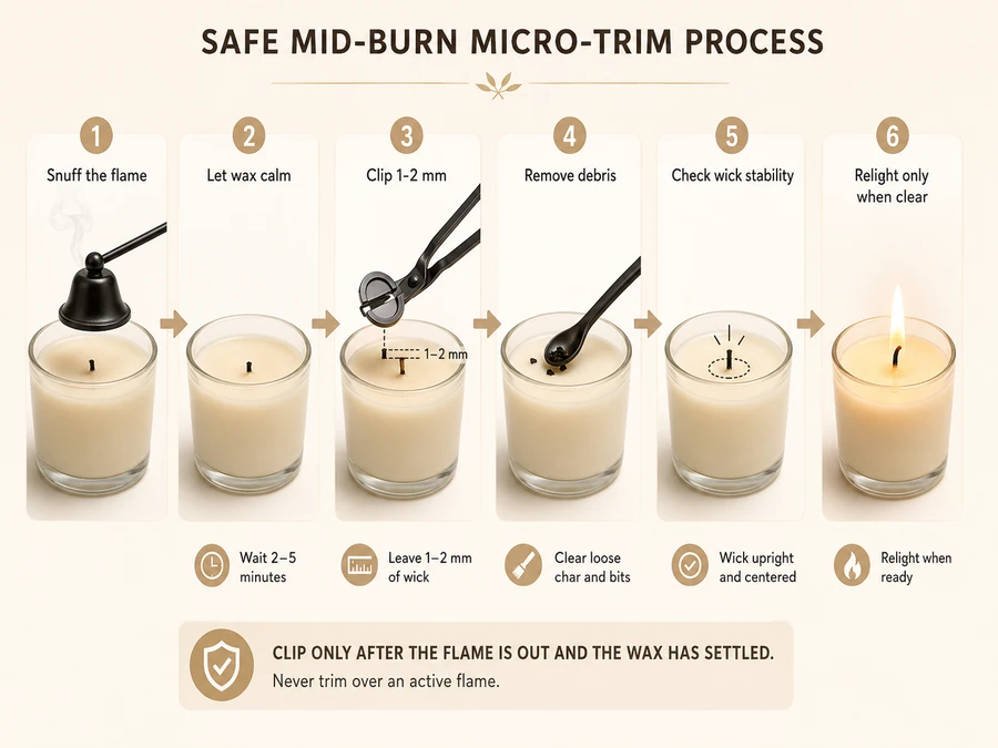 Candle burning micro-trim flow for long sessions.