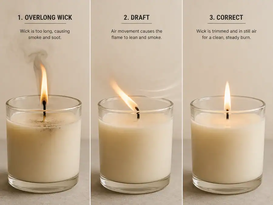 Candle burning soot prevention with wick trimming.