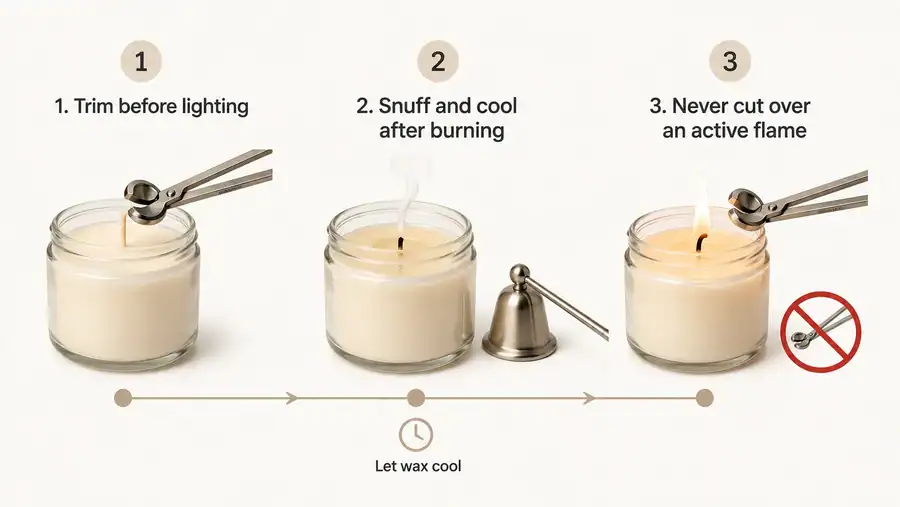 Candle burning trim timing for cleaner burns.