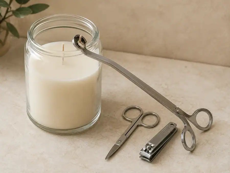 Candle burning trimming tools for even wick care.