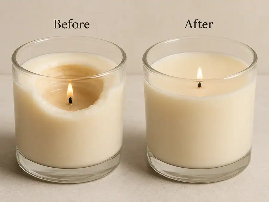 Candle burning tunneling prevention with wick care.