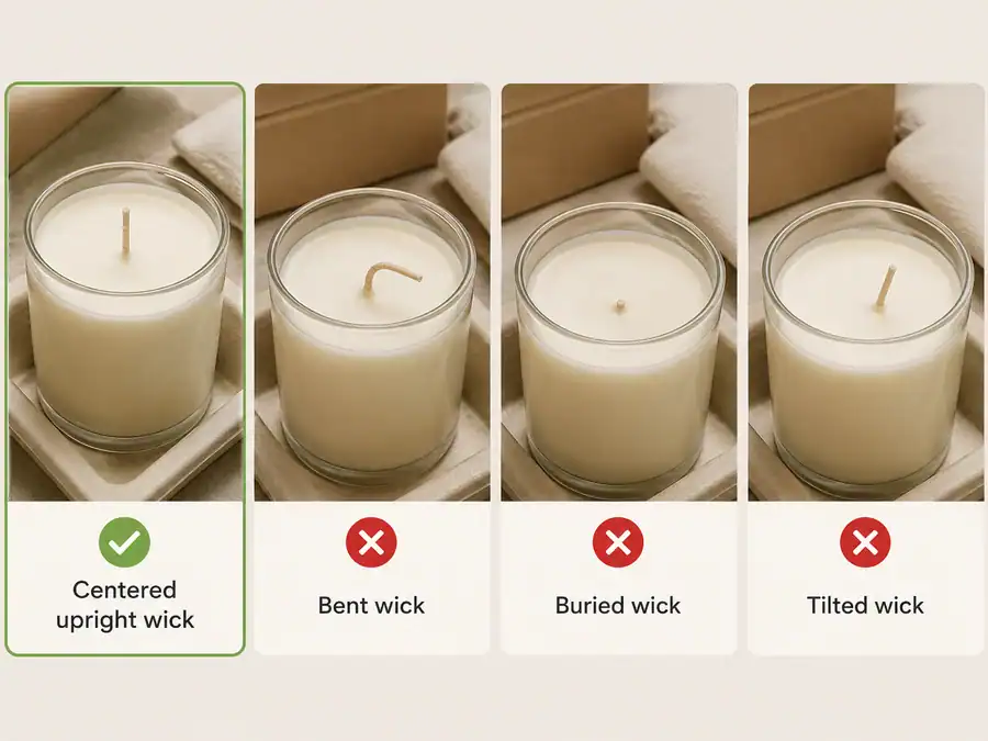 Candle burning wick alignment during storage and transport.