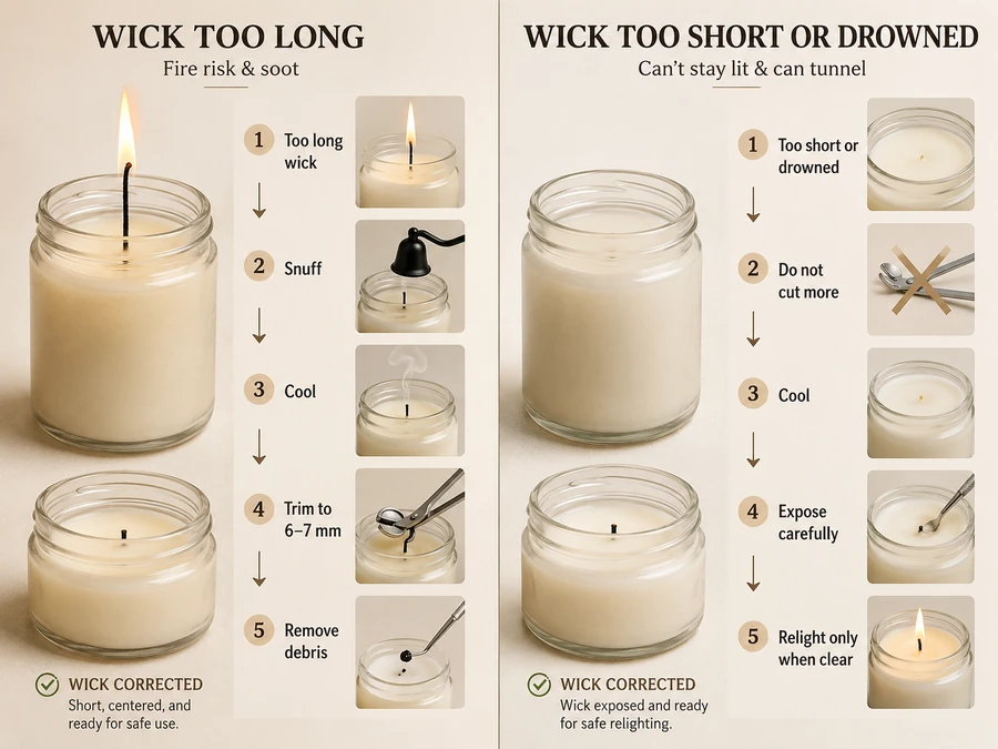 Candle burning wick rescue for too-short and too-long wicks.