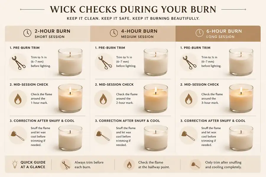 Candle burning wick trim cadence for long sessions.