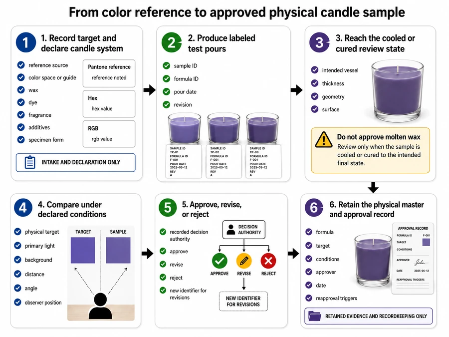 Candle color test pours and physical sample approval workflow