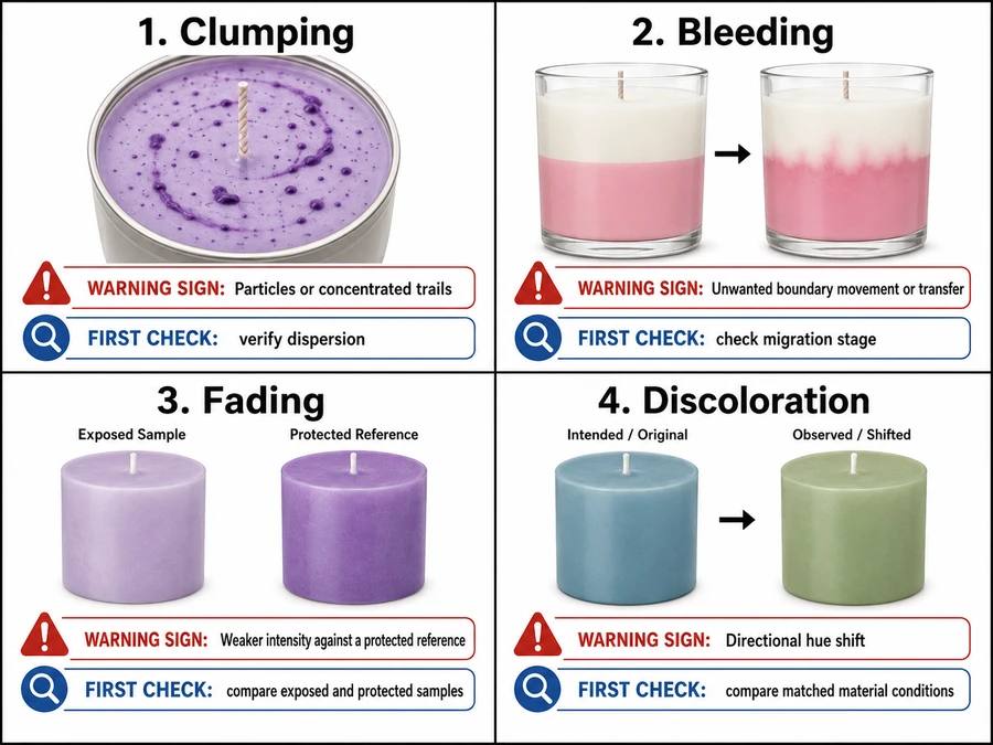Clumping, bleeding, fading, and discoloration warning signs