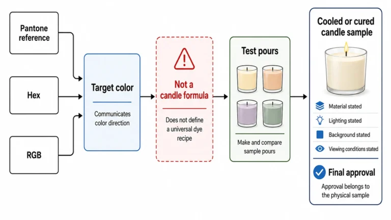Pantone, Hex, and RGB references and physical candle approval