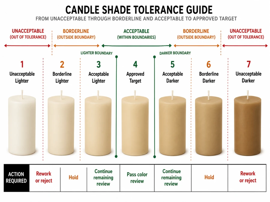Finished candle target and acceptable, borderline, and unacceptable shade states