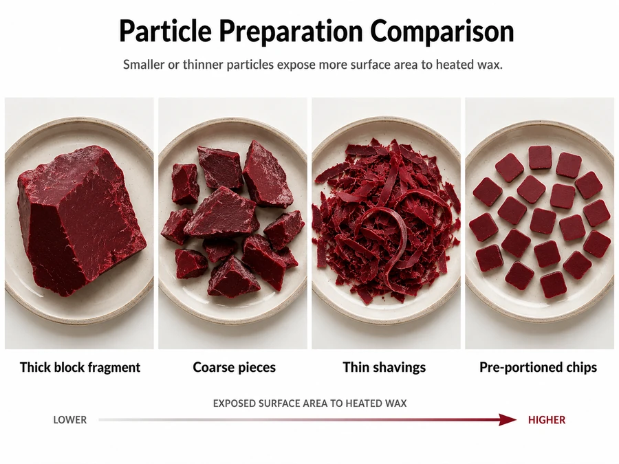 Thick candle-dye block fragment compared with coarse pieces, thin shavings, and pre-portioned dye chips before addition to wax