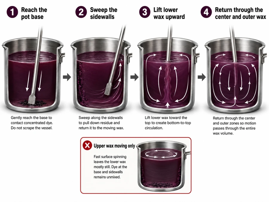 Bottom-to-top candle dye mixing path reaching the base, sidewalls, center, and upper wax in a pouring pot