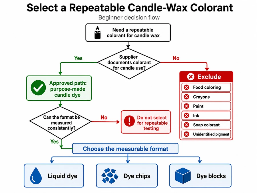 Candle dye selection and unsuitable colorant checks